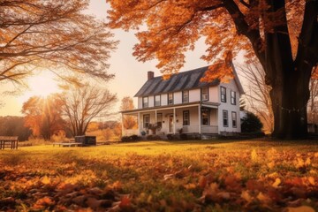 A charming farmhouse surrounded by vibrant autumn trees, showcasing the idyllic beauty of rural landscapes during the fall season. Generative AI - obrazy, fototapety, plakaty