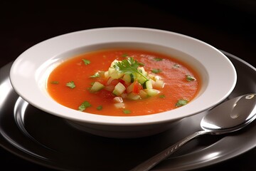 Cold gazpacho soup in a bowl, close-up.