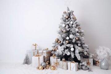 Decoration of a beautiful Christmas tree with gifts on a white background.