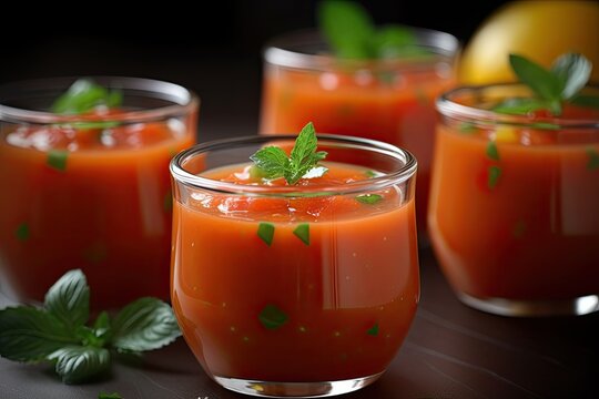 Tomato juice in a glass glass, close-up.