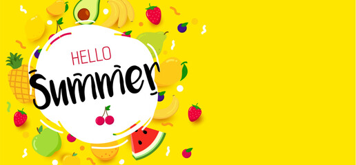 Bright summer banner with fruits. Hello summer. Summer time.