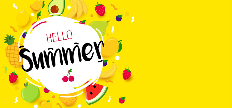 Bright summer banner with fruits. Hello summer. Summer time. - Powered by Adobe