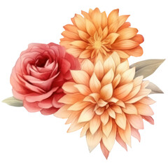 Bouquet of autumn flowers, watercolor autumn floral, rose, peony, dahlia, Isolated on transparent background. Generative AI