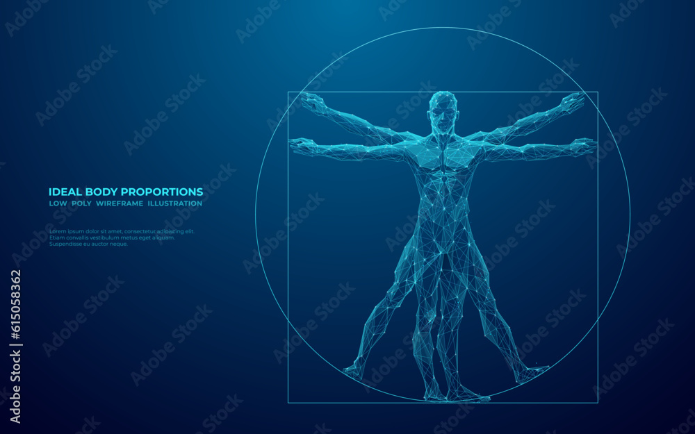 Poster Digital Vitruvian Human. Da Vinci Anatomy Body is Made of connected dots, lines and triangles. Abstract Polygonal Wireframe Vector Illustration on Technological Blue Background.