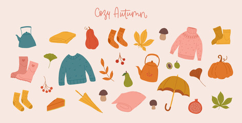 Autumn set of vector hand-drawn elements. A set of pumpkins, leaves, sweaters, socks, rubber boots, kettles, umbrellas, mushroom, pomegranate. Fall elements.
