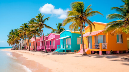 Fototapeta premium Colorful houses on Catalina beach, dominican republic with palm trees. Generative AI