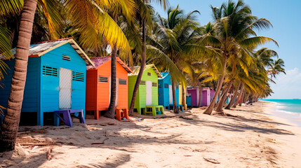 Colorful houses on Catalina beach, dominican republic with palm trees. Generative AI
