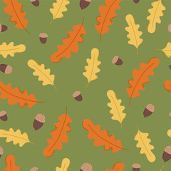 Vector colorful autumn seamless pattern with fall leaves and acorns. Fall endless background.