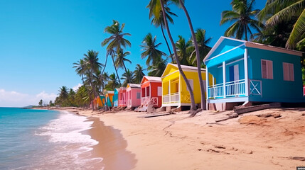 Colorful houses on Catalina beach, dominican republic with palm trees. Generative AI - obrazy, fototapety, plakaty