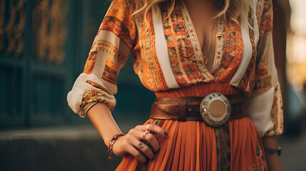woman in an orange bohemian outfit, focusing on the belt made with generative AI