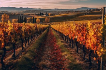 Fototapeta premium A vineyard in autumn, with rows of colorful grapevines, showcasing the beauty of autumn in wine-producing regions. Generative AI