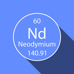 Neodymium symbol with long shadow design. Chemical element of the periodic table. Vector illustration.