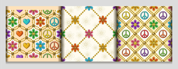 Seamless patterns with chamomile flowers, peace sign, emoji. Geometric grid with string of beads. Summer positive background in groovy, hippie style. For prints, clothing, t shirt, surface design