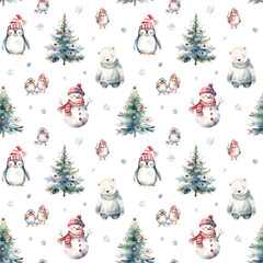 Watercolor Christmas pattern with snowman, polar bear, penguin, birds, christmas trees and snowflakes isolated on white background. 