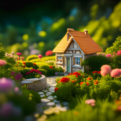 Fototapeta na wymiar cottage house with flowers and garden 