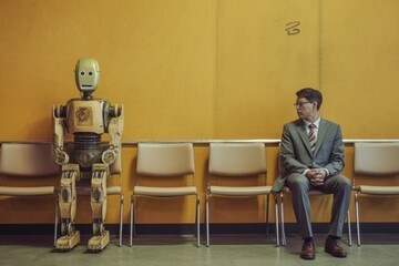 Man and AI robot waiting for a job interview. Created with generative AI