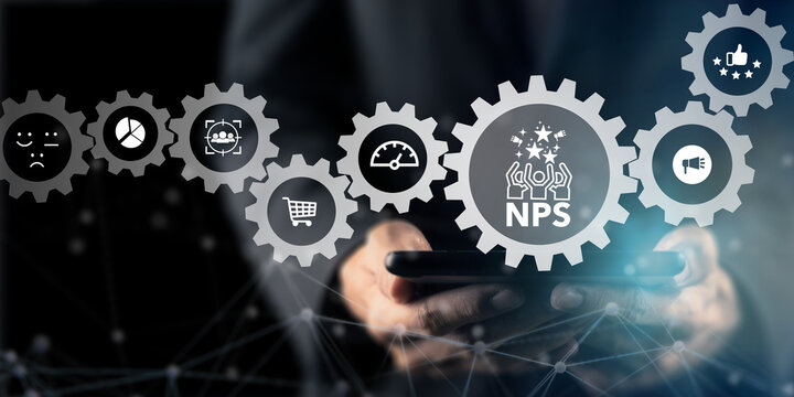 Net Promoter Score (NPS) measuring customer satisfaction and loyalty concept.Tool for measure customer loyalty and improvement products or services. Businessman working NPS on tablet with smart screen