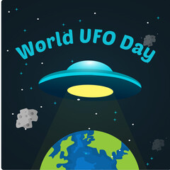 world UFO day poster, ufo flying and eart illustration vector