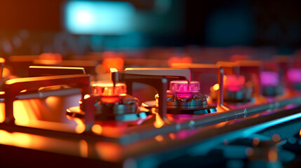 Fototapeta na wymiar Flaming gas burners on household kitchen stove. Generative AI