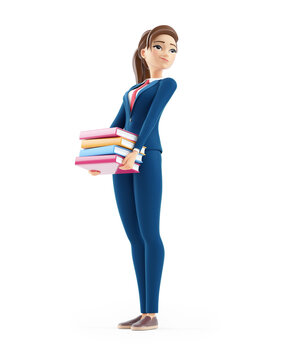 3d cartoon businesswoman holding books and looking up