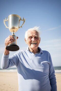 Portrait Of A Senior Man Holding Up A Trophy At The Beach, Created With Generative Ai