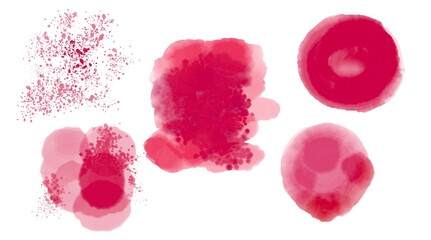 A set of watercolor colored spots. Red Viva Magenta water spots on a white background.