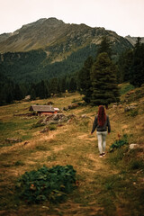 Fototapeta na wymiar girl walking towards a mountain cabin in a swiss mountain