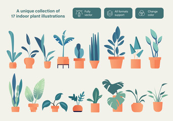Fototapeta na wymiar set of indoor flowers, collection of pot plants 2D vector illustration style