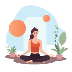 Obraz na płótnie Canvas Woman meditating. Young woman practices yoga. Physical and spiritual practice. Vector illustration in flat cartoon style.