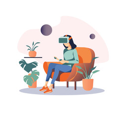 Woman wearing virtual glasses flat vector illustration, experiencing virtual reality simulation. Vector illustration