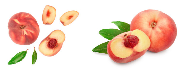 Ripe chinese flat peach fruit and half with leaf isolated on white background. Top view. Flat lay