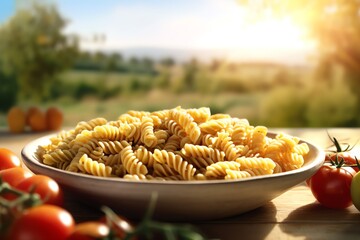 Whole wheat fusilli pasta tossed in a pan