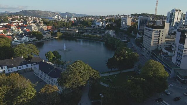 An aerating fountain adds visual appeal to Breiavatnet Lake in Stavanger Norway