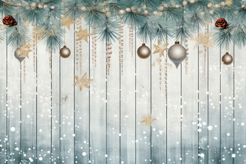 Christmas balls and Christmas ornament on wooden background. Copyspace for text in the middle . AI generative.
