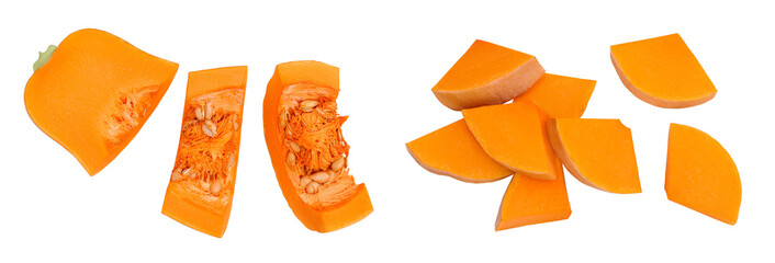 pumpkin or butternut squash slice isolated on white background with full depth of field. Top view. Flat lay - obrazy, fototapety, plakaty