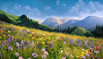 meadow with wildflowers, Mountains flowers meadow, Ai Generate 