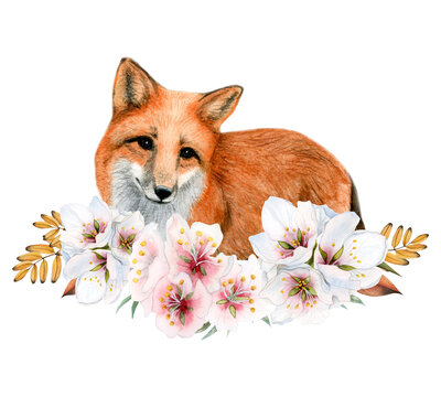 Cute cartoon red fox in flowers wreath and fall yellow leaves watercolor illustration isolated on white background. Hand drawn forest woodland animal for print and card making