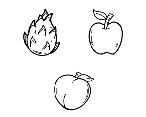 Dragon fruit, apple, pear fruits, icon set Hand drawn Outline Simple vector illustration 