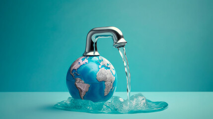 Naklejka na ściany i meble Planet earth with faucet, world water day, concept of environmental preservation and water saving. Generative AI
