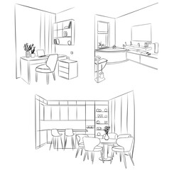 Sketch of an interior. Apartment design, set. Workplace, bathroom, kitchen