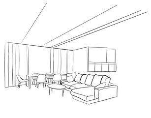 Graphic sketch a living room. Kitchen