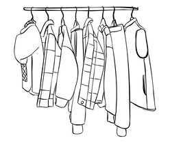 Hand drawn wardrobe sketch. Clothes on the hangers.