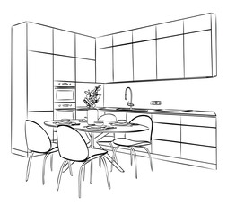 Modern kitchen design in apartment interior. Kitchen table in the room. Home Interior Design. Drawing