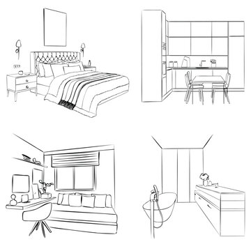 Sketch of an interior. Apartment design, set. Bedroom, kitchen, bathroom, home office