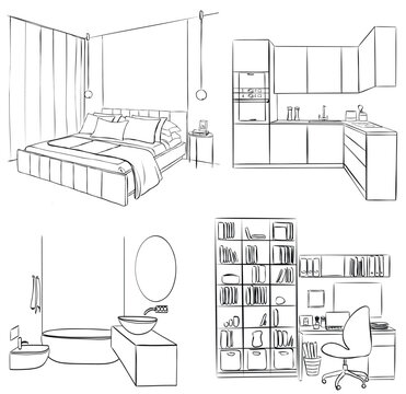 Sketch of an interior. Apartment design, set. Bedroom, kitchen, bathroom, home office