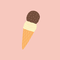 Chocolate and vanilla flavored ice cream in a waffle cone. Ice cream  on white background. Vector illustration in cartoon style.