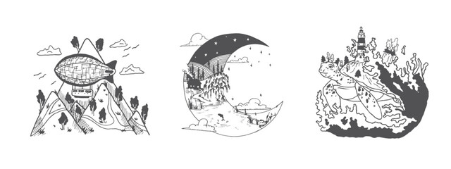 Handdrawn landscape illustration, Nature artwork, Mountains, Drawing, Nature design, Tattoo handdrawn, Moon, Turtle
