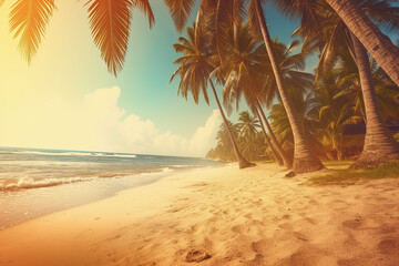 Naklejka na ściany i meble Beautiful tropical beach with coconut palm trees at sunset. Vintage toned. Illustration of ai generative