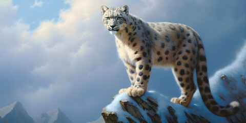 High in the misty mountains, a rare snow leopard, with its sleek silver-gray fur and piercing blue eyes, gazes stoically into the distance.