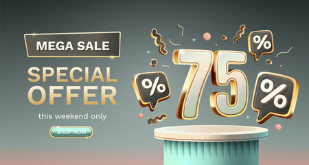 Save offer, 75 off sale banner. Sign board promotion. Vector illustration